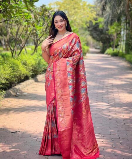 Women's Luxurious Pista Green & Pink Art Silk Saree with Intricate Leaf Weave & Broad Zari Border – Ideal for Festive & Wedding Occasions