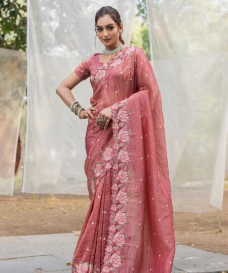 Women's Pristine White Organza Saree with Exquisite Pink & Green Floral Thread Embroidery – Complete with Matching Embroidered Blouse for Festive & Summer Wear