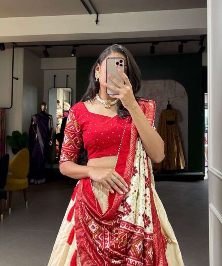 Women's Tussar Silk Patola Print Lehenga Choli Dupatta Set