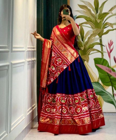 Women's Stitched Tussar Silk Patola Print Lehenga Choli Dupatta Set